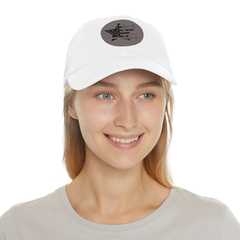 White Land of the Free low-profile dad hat with gray patch, black text, and USA star design worn by a girl.