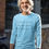 Thumbnail: Man wearing light blue Funny Long Sleeve T-shirt - Growing old together,  forgetting together,  meeting again in black text
