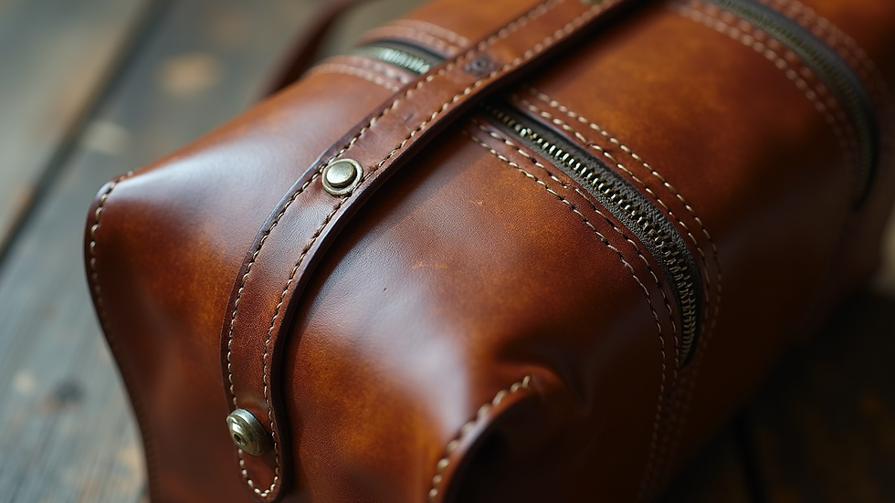 Close-up of a vintage leather handbag with intricate stitching