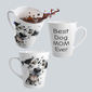 12 oz ceramic coffee mug with “Best Dog Mom Ever” text and playful Dalmatian design, perfect gift for dog lovers and pet moms.
