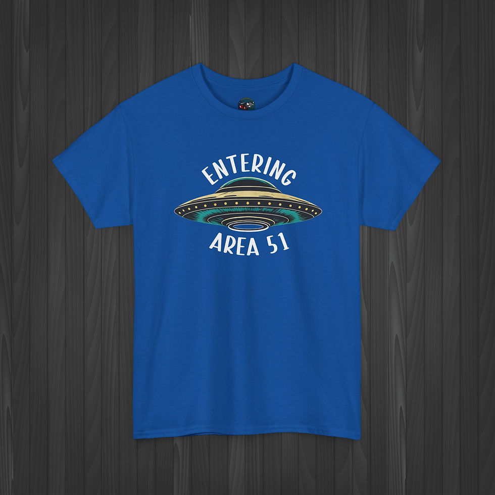 A royal blue colored t-shirt with bold Area 51 UFO graphic reading “Entering the Forbidden Zone,” exclusive alien design