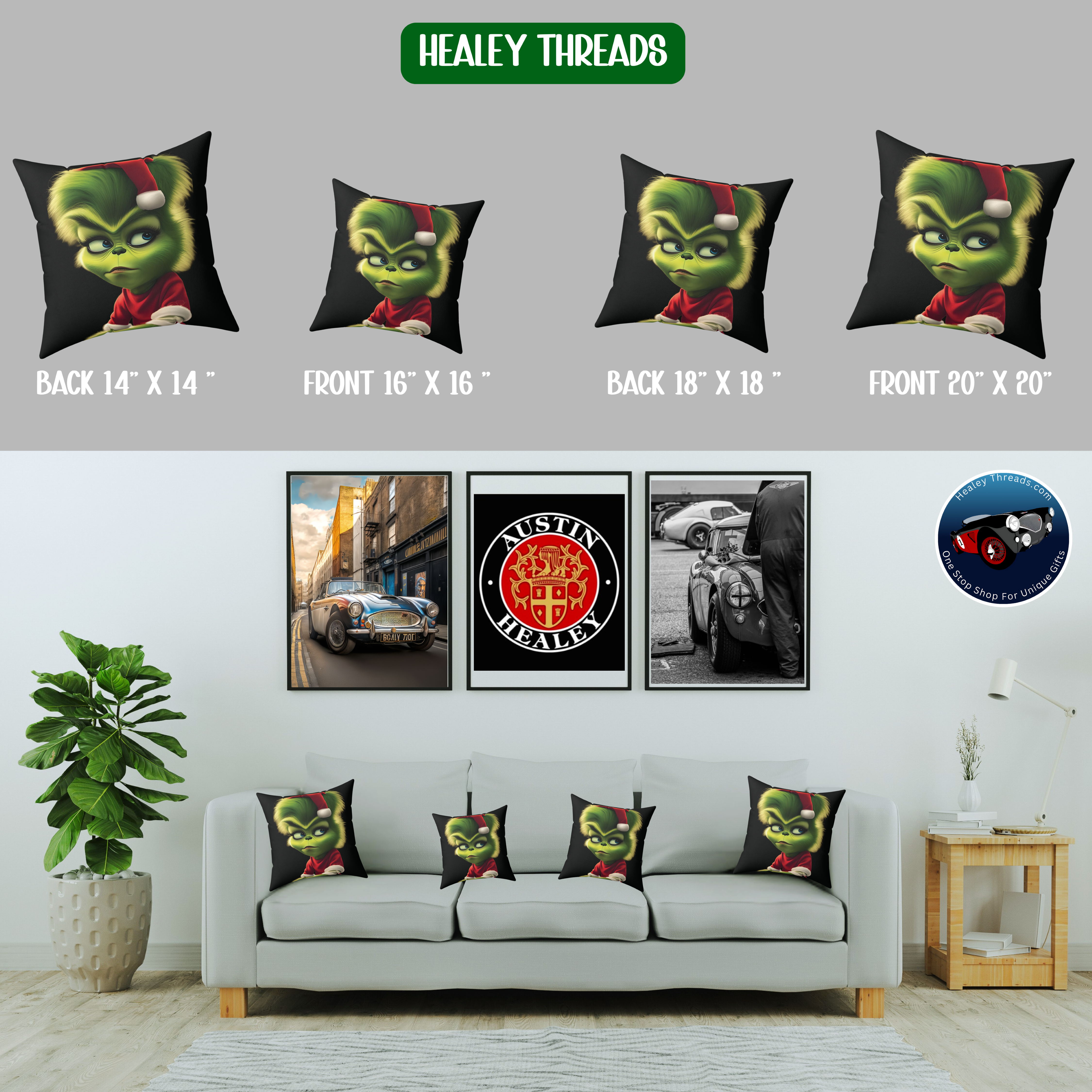 All sizes of our Female Grinch holiday throw pillow with Santa outfit on black background by Healey Threads