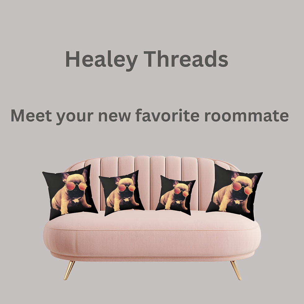 Four sizes of square black decorative pillows featuring a tan French Bulldog puppy wearing round,  sunglasses on pink couch