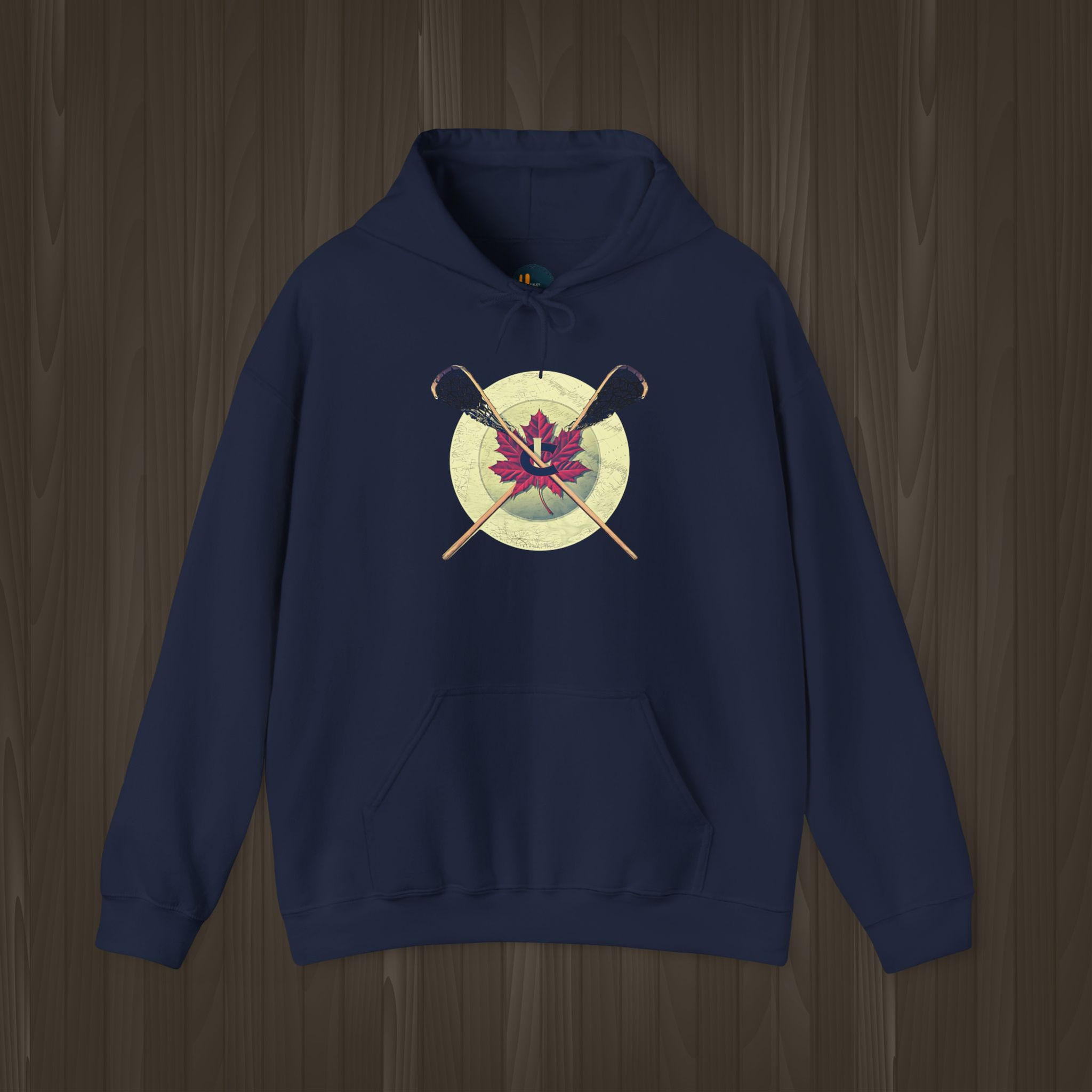 Navy blue Canadian Lacrosse Hoodie with a white globe, crossed wooden sticks, and red maple leaf centered on the design