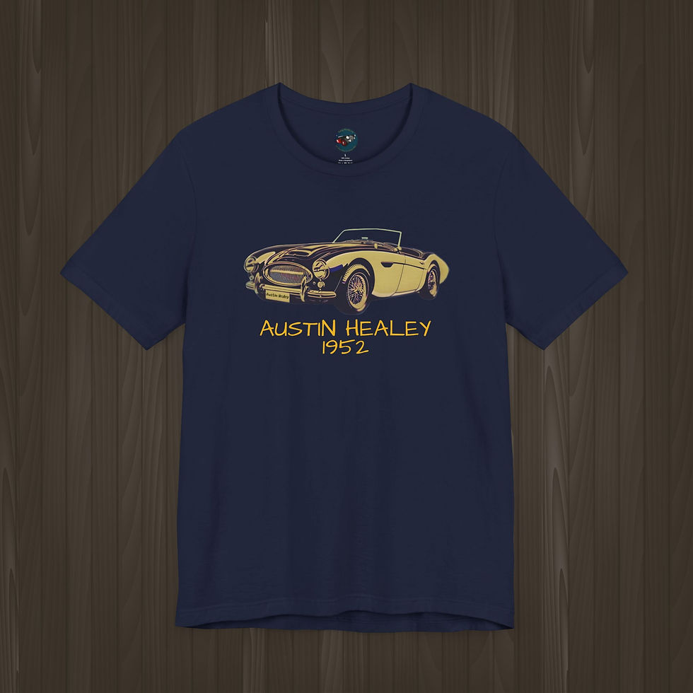 A navy blue Austin Healey Classic Men's T-shirt featuring a gold sketch of an Austin Healey car with stylish text detailing