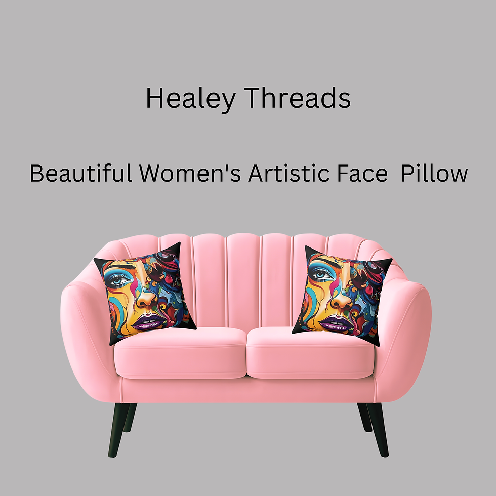 Two sizes of our women’s artistic face decorative pillow displayed on a sofa as modern home decor on pink couch