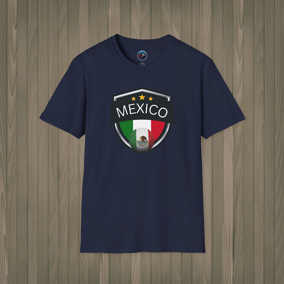 Navy blue Mexico soccer t-shirt featuring national crest and flag design.