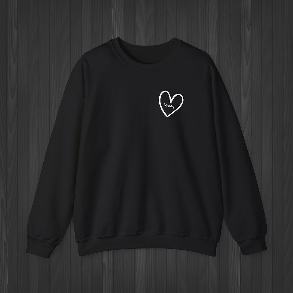 Black Gratitude Sweatshirt for Grandma with a white heart and "Nana" text on the top left chest.