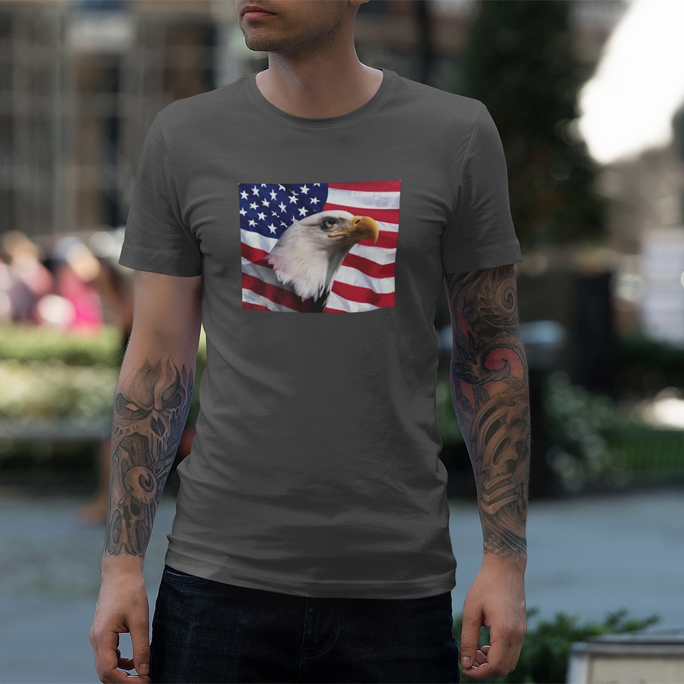 Man wearing a dark heather tee with a American eagle patriotic graphic t-shirt symbolizing freedom and strength