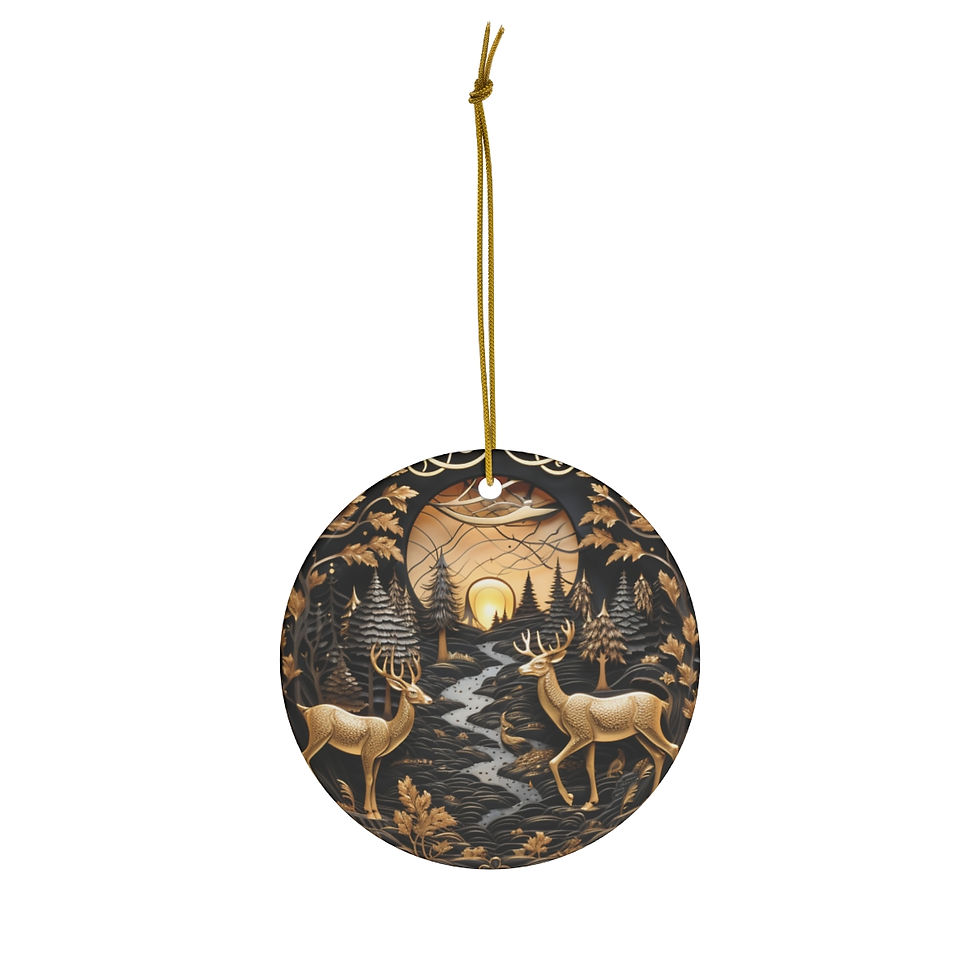 Healey Threads reversible holiday ornament featuring a golden deer and moonlit forest design, crafted from high-quality ceramic and porcelain. Elegant nature-inspired tree decoration.
