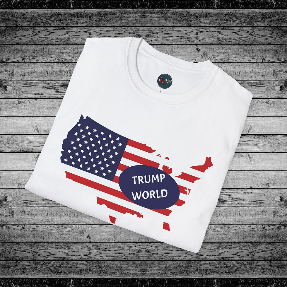Folded White Trump LTD Edition T-Shirt featuring USA map and blue circle with "TRUMP WORLD" in white text