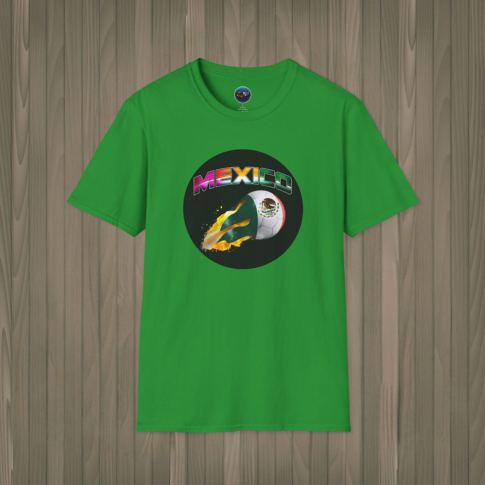 Mexico soccer Turf green t-shirt with flaming soccer ball and vibrant “MEXICO” text
