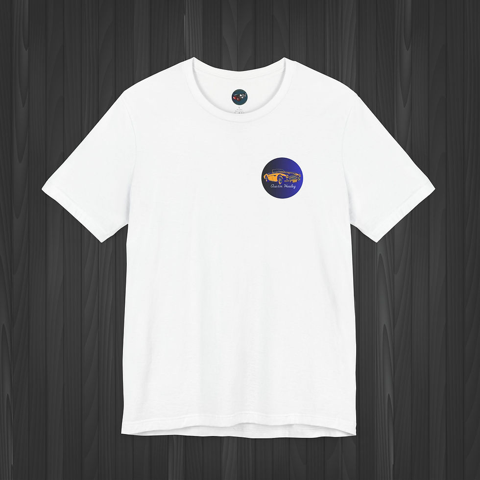 Front view of a white Healey Roadster T-Shirt with a yellow Healey sketch on a blue background, on the top left of chest