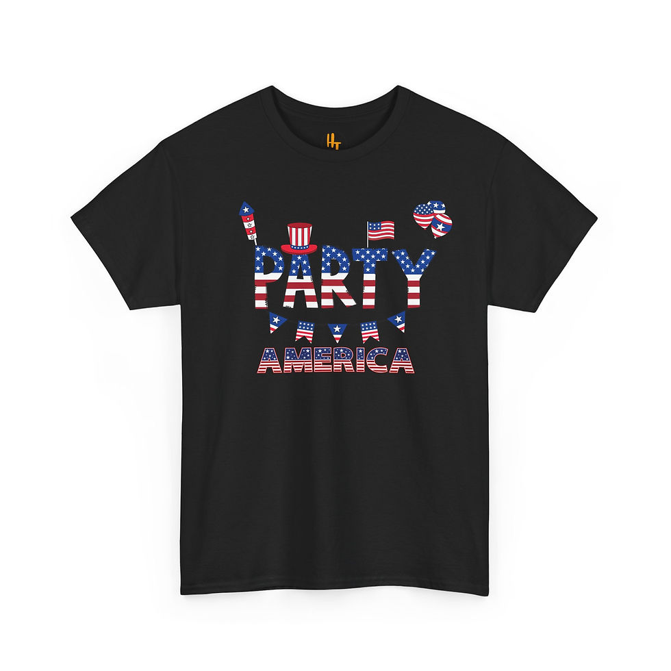 Perfect USA 4th of July T-shirt featuring red, white, and blue text with top hats and balloons on a black tee