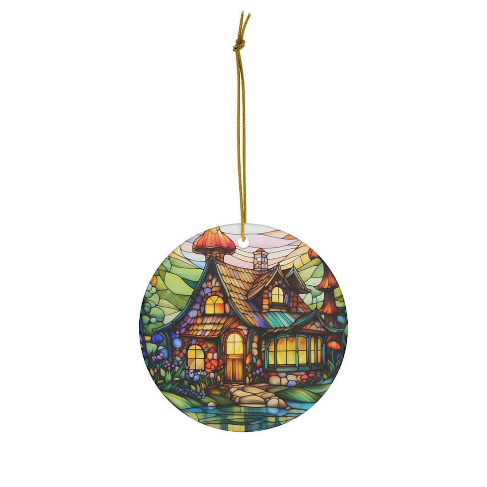 Healey Threads reversible holiday ornament featuring Whimsical Enchanted Cottage and a Tranquil Sunset Artistic scene design, crafted from high-quality ceramic and porcelain. Elegant Christmas-inspired decoration. 
