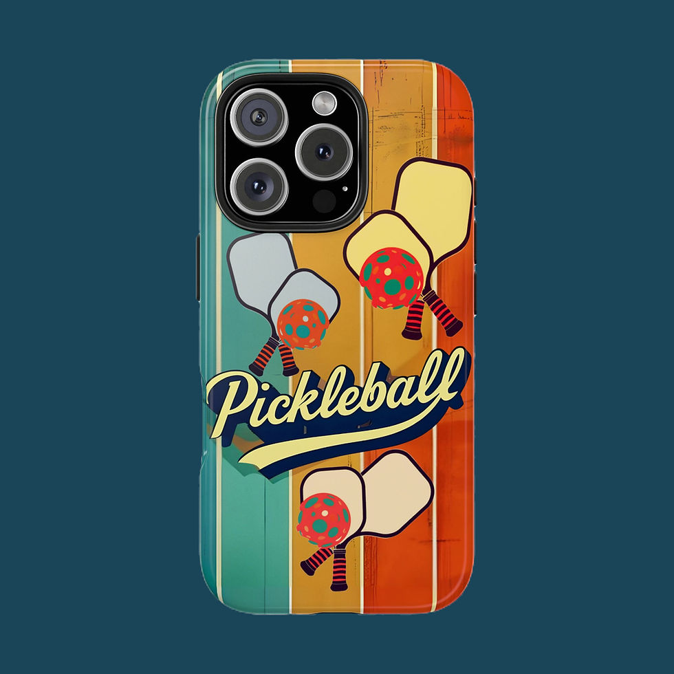 iPhone case with colorful retro-style pickleball paddles – bold design for sports fans and pickleball players.
