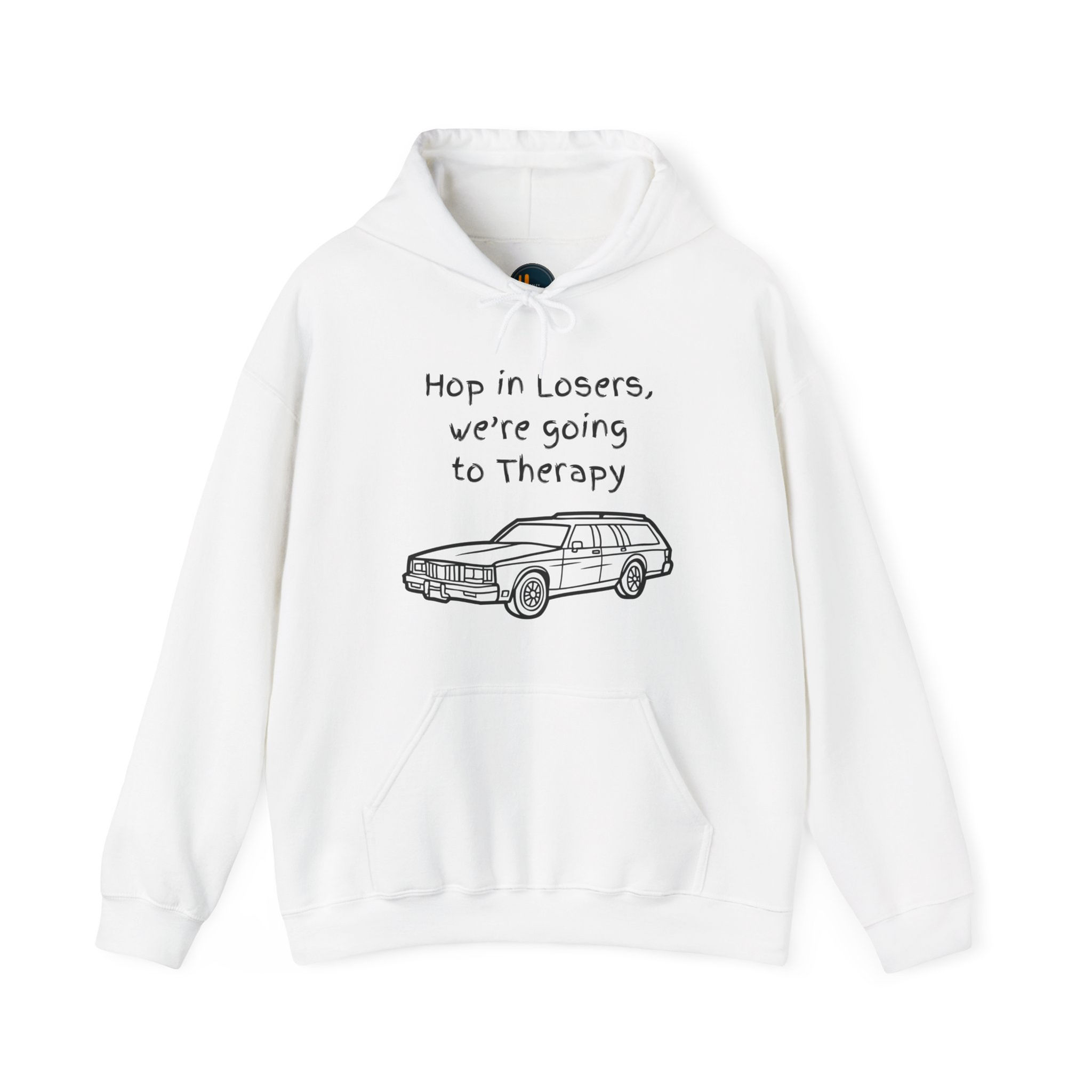 Funny 'Hop in Losers, We're Going to Therapy' White Hoodie – humorous old black station wagon graphic self care Hoodie.