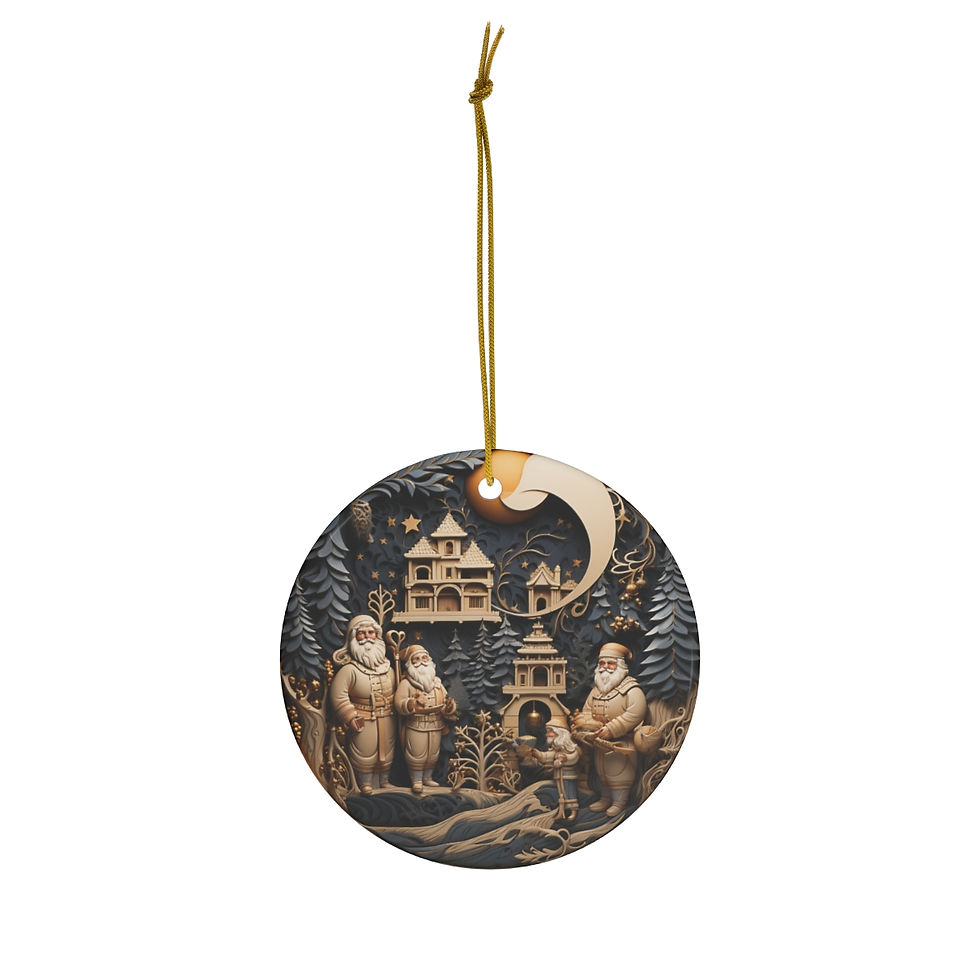 View of Healey Threads reversible holiday ornament featuring a golden deer and moonlit forest design, crafted from high-quality ceramic and porcelain. Elegant nature-inspired tree decoration