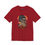 Thumbnail: Red colored traditional tattoo style illustration tee of a skull wearing a striped beanie and smoking a pipe
