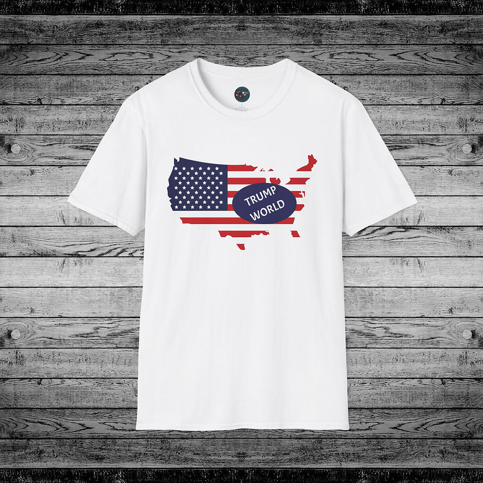 White Trump LTD Edition T-Shirt featuring USA map and blue circle with "TRUMP WORLD" in white text