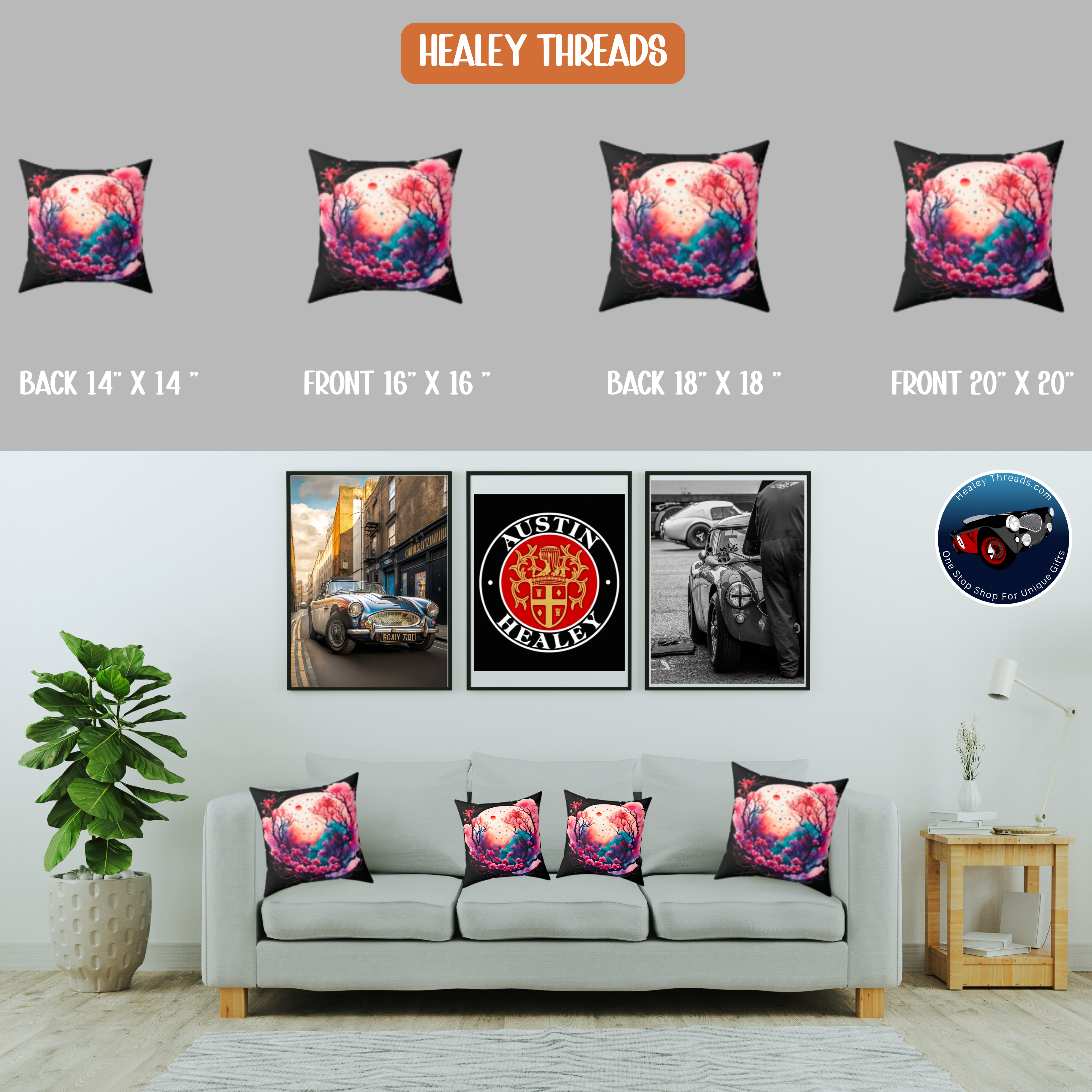 Four Mystic Moon & Blossom Decorative Pillows – Artistic Floral Home Accent on a grey sofa by Healey Threads