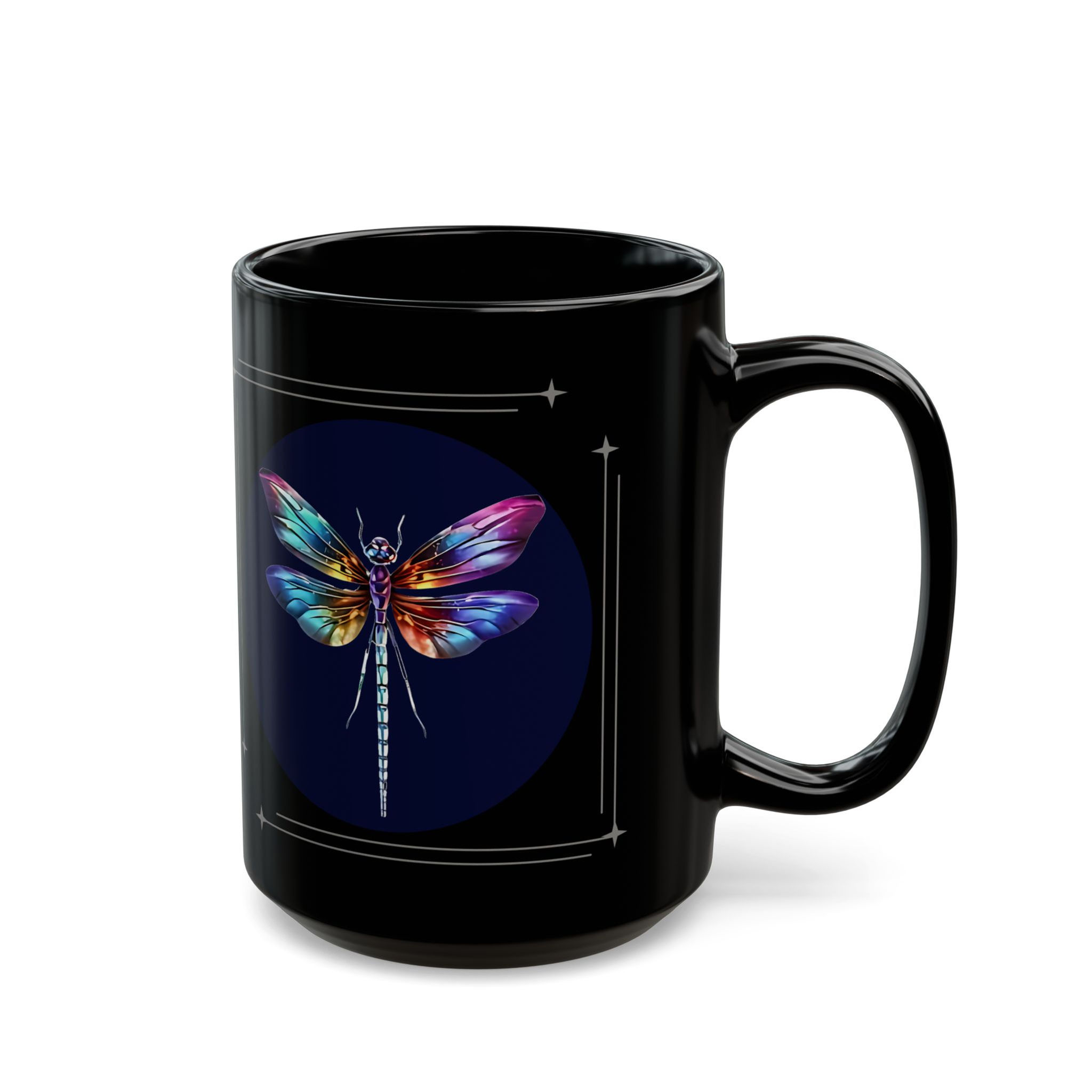 Vibrant Psychedelic Dragonfly Mug - Black Ceramic Coffee Cup