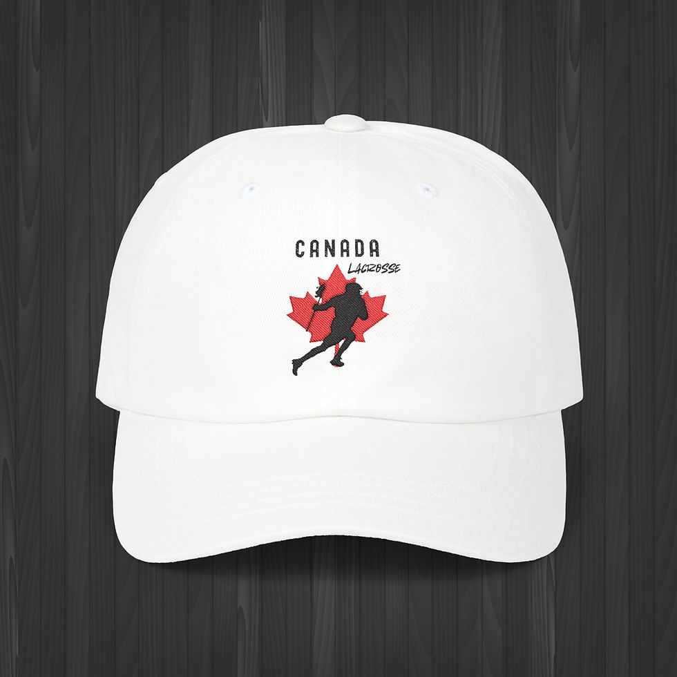 White hat with Canadian maple leaf and lacrosse player silhouette, “Lacrosse” text above – patriotic sports cap
