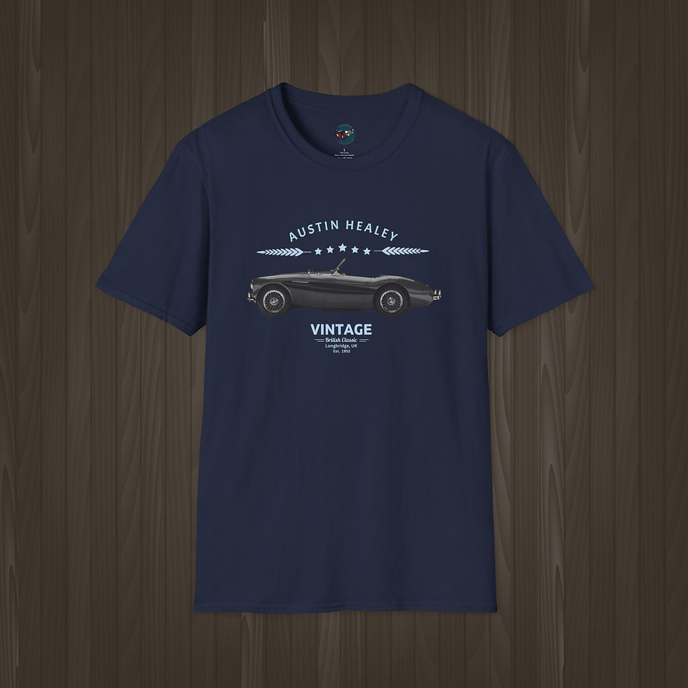 Navy blue Austin Healey Roadster Classic Car T-Shirt featuring a grey Healey image and "Vintage" text in light blue