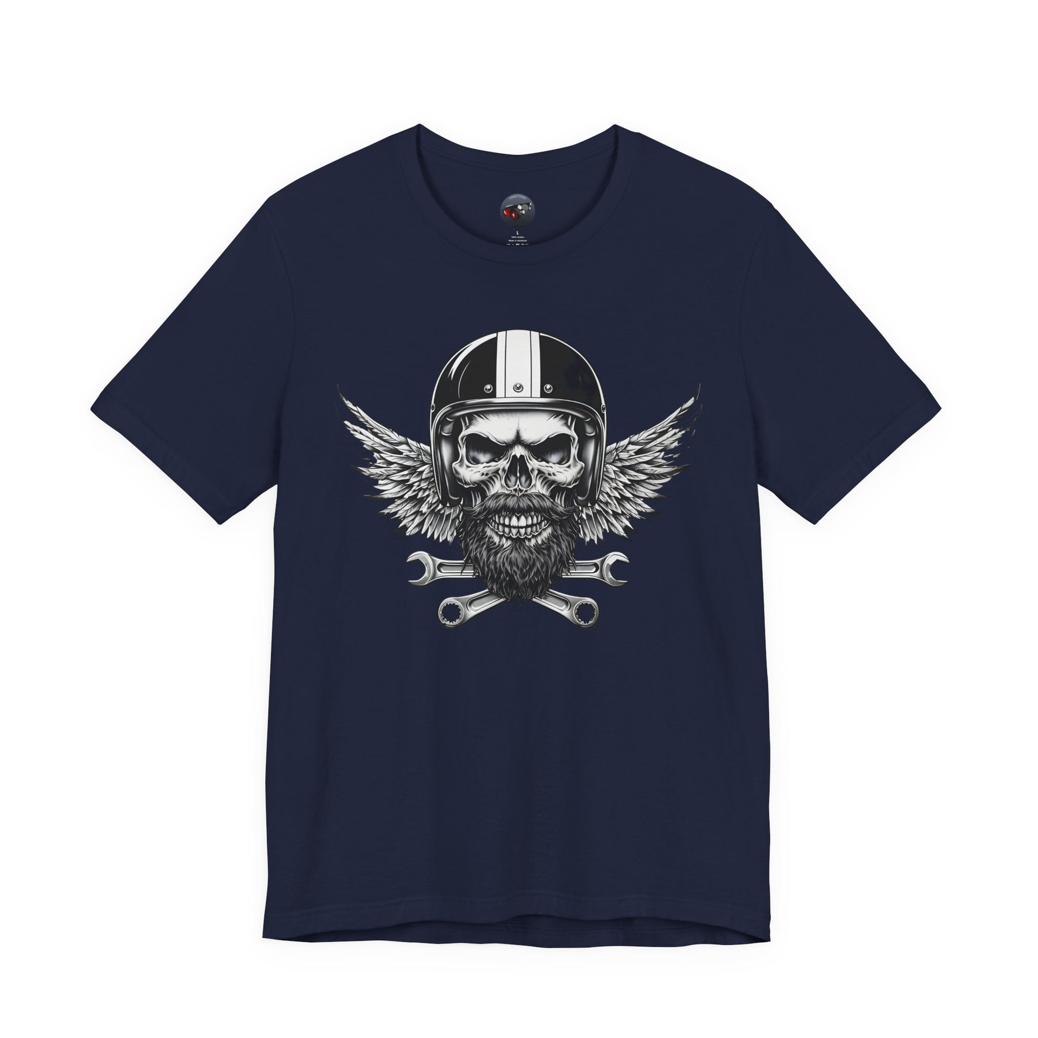 A navy blue and white graphic of a skull with a beard, wearing a racing helmet, with feathered wings