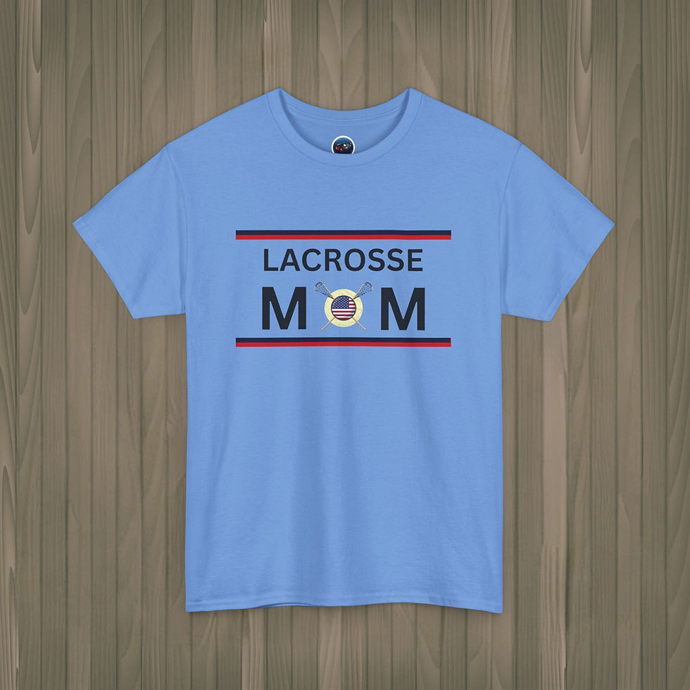 Columbia blue Lacrosse Mom T-shirt with bold lettering and crossed lacrosse sticks featuring a USA flag design