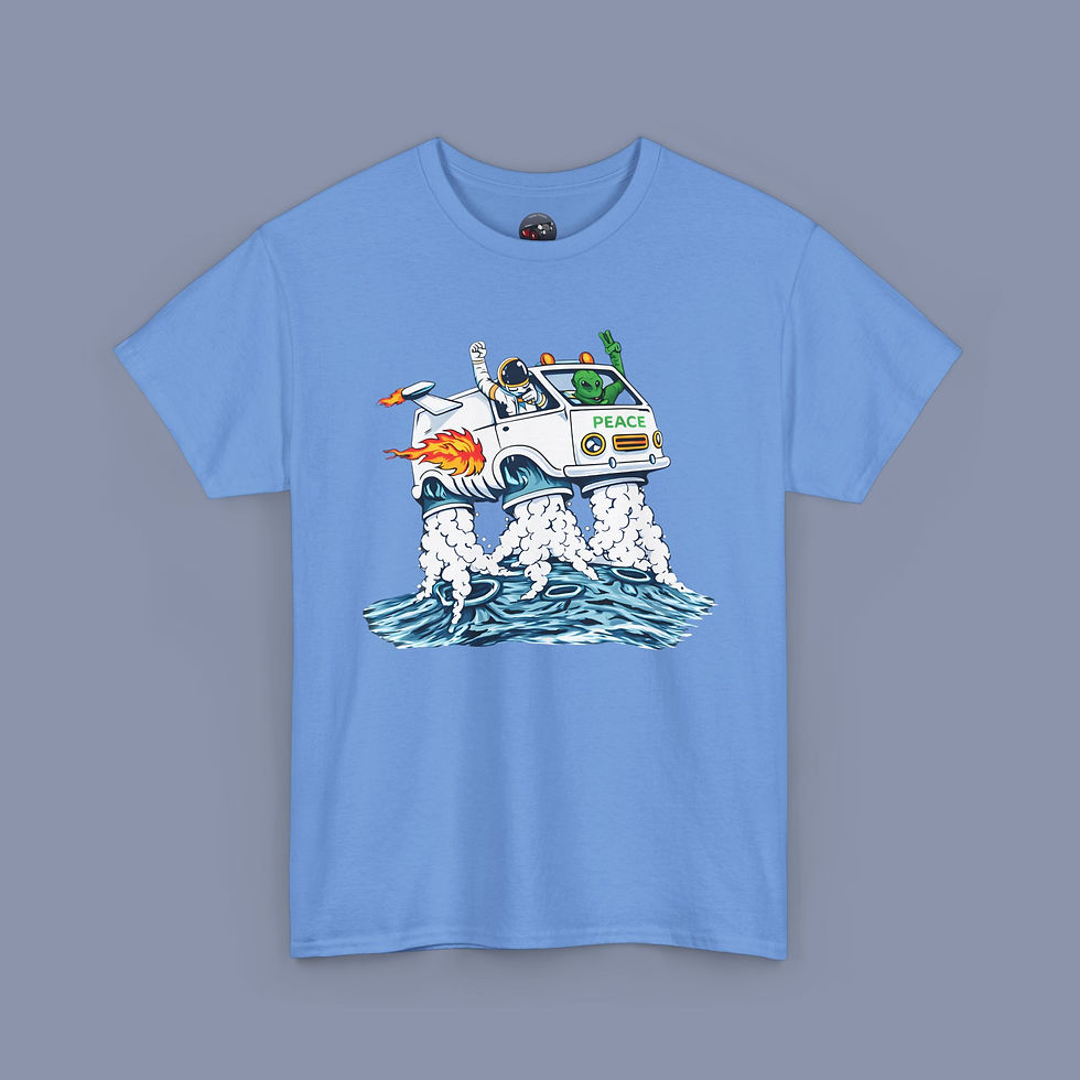 Carolina blue tee with an alien and astronaut riding a rocket-powered van with peace message graphic