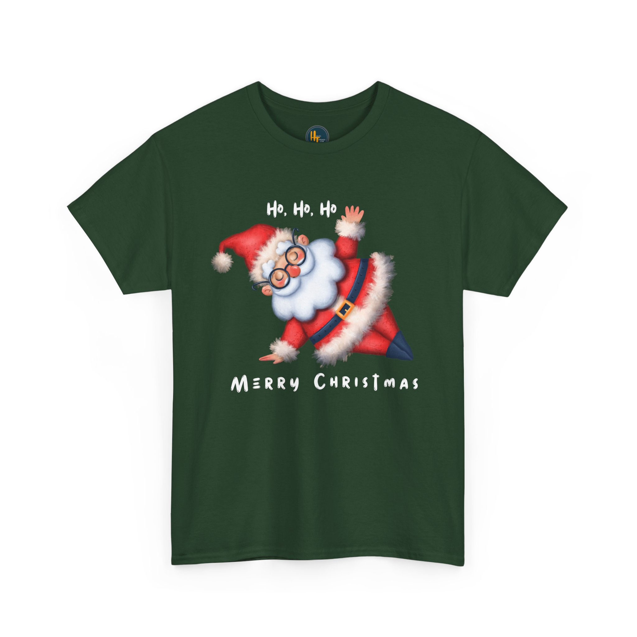 Front View of our Flexible Santa Stretching Christmas T-Shirt - Merry Christmas in white text on Forest Green Tee.