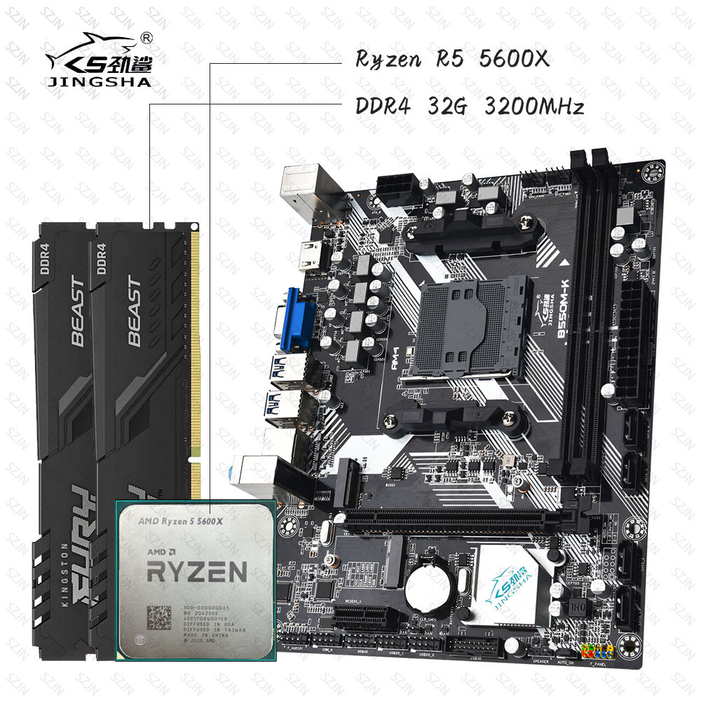 JINGSHA B550 + Ryzen 5 5600X Kit | 32GB DDR4 3200MHz, M.2 NVMe, SATA Gaming Set