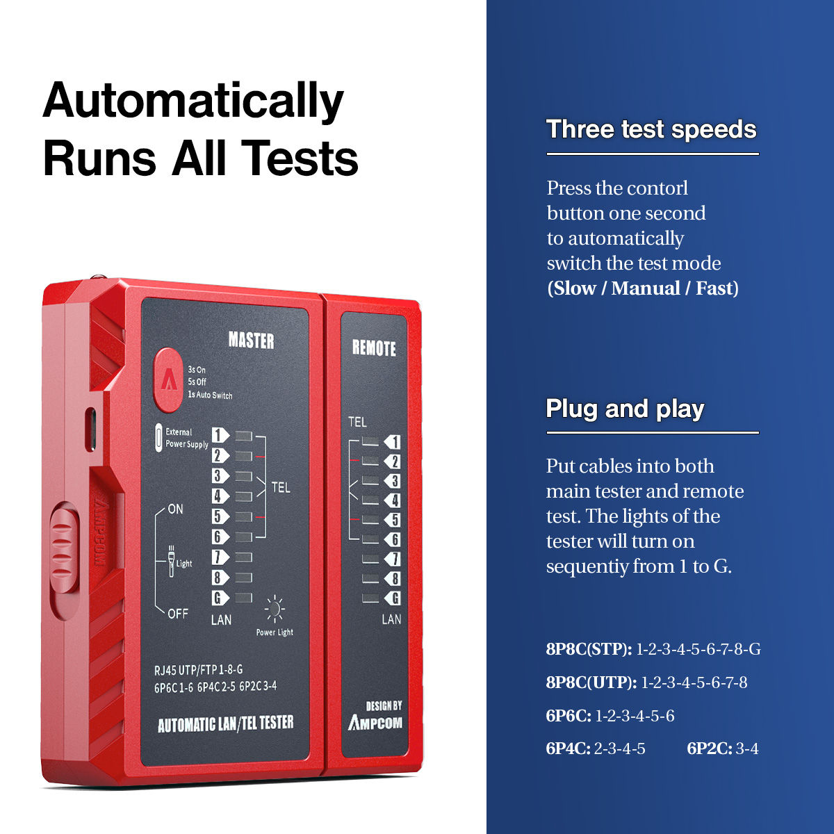 AMPCOM LAN Cable Tester Tool | RJ45/RJ11 Tester for CAT5–CAT8 Network Cables