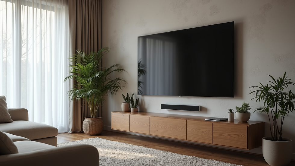 Eye-level view of a mounted TV on a modern living room wall