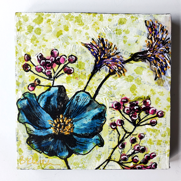 Mixed Media Floral Block, Blue Poppy Ink Art by BethKluth