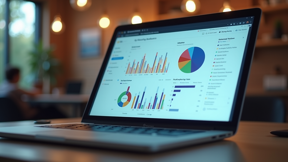 Eye-level view of a laptop screen showing cloud bookkeeping dashboard