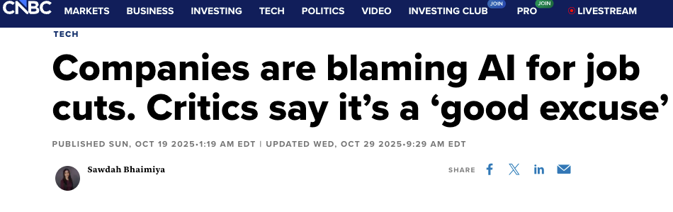 CNBC article page with headline: Companies are blaming AI for job cuts. Critics say it’s a good excuse.