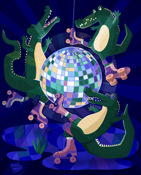 Roller blading alligator disco Illustration by Alex Mauss Design
