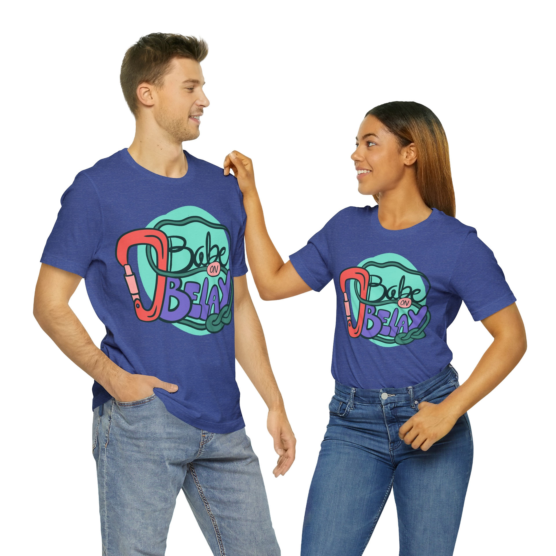 A Tshirt with the phrase Babes on Belay available on etsy perfect for a rock climbing bachelorette party
