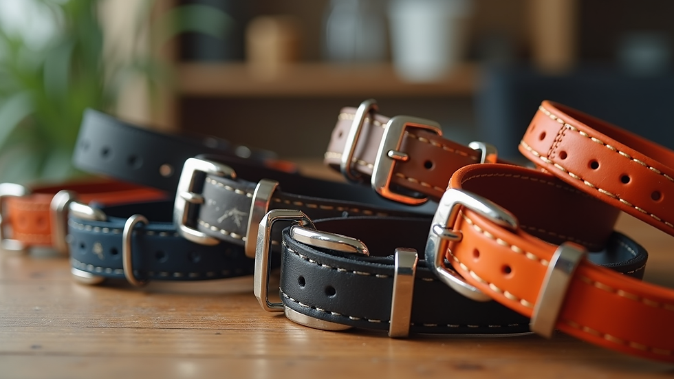 Eye-level view of a variety of dog collars displayed on a wooden table