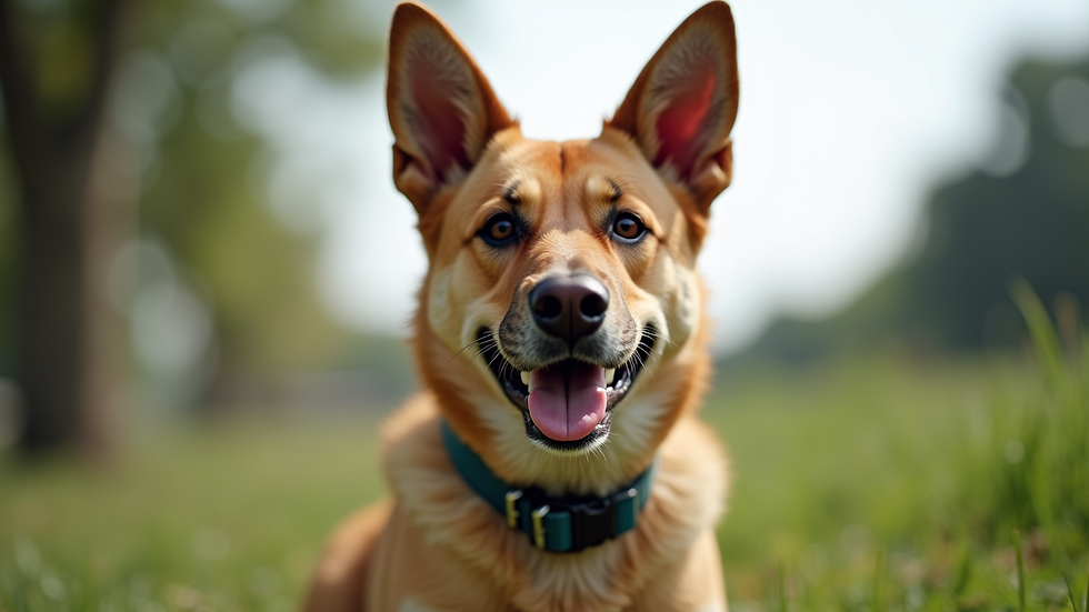 Eye-level view of a medium-sized dog wearing a well-fitted collar outdoors