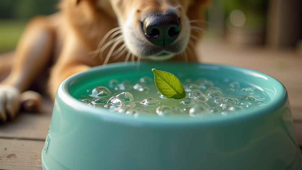 Close-up of a portable dog water bowl filled with fresh water
