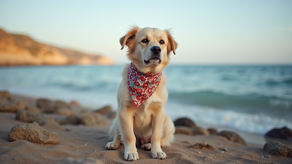 Eye-level view of a dog wearing a coastal-inspired bandana sitting on a rocky beach