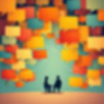 Two silhouetted people sit facing each other surrounded by colorful speech bubbles. Vibrant background suggests lively conversation.