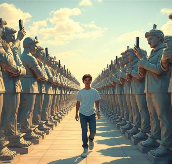 A boy walks between rows of identical statues holding phones, under a blue sky with clouds, creating a surreal atmosphere.