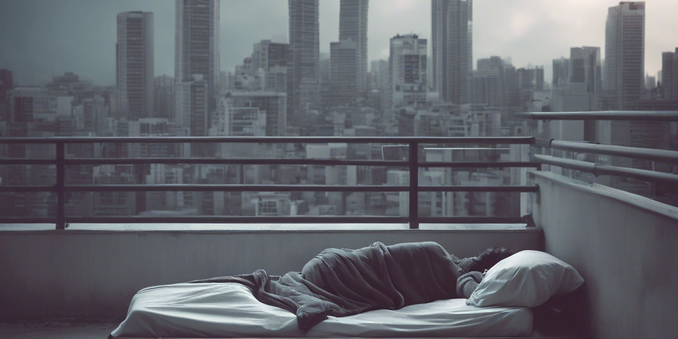A Lonely person sleeping under a gray blanket on a balcony, overlooking a foggy city skyline. Moody, quiet atmosphere with soft gray tones.