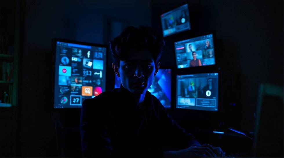Silhouetted person at a desk with multiple blue-lit screens displaying various apps and videos, creating a focused, tech-centric atmosphere.