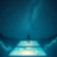 Silhouetted person stands on glowing smartphone screens under a starry sky. Futuristic, surreal atmosphere with digital patterns.