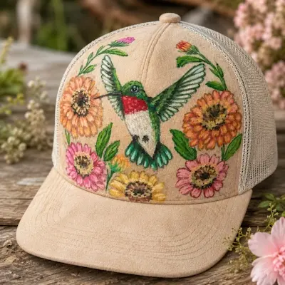 Thumbnail: Hummingbird Garden hand-burned and hand-painted vegan suede trucker hat.